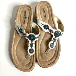 Minnetonka Shoes Women Size 9 Sandals White Leather Silver Faux Turquoise Boho